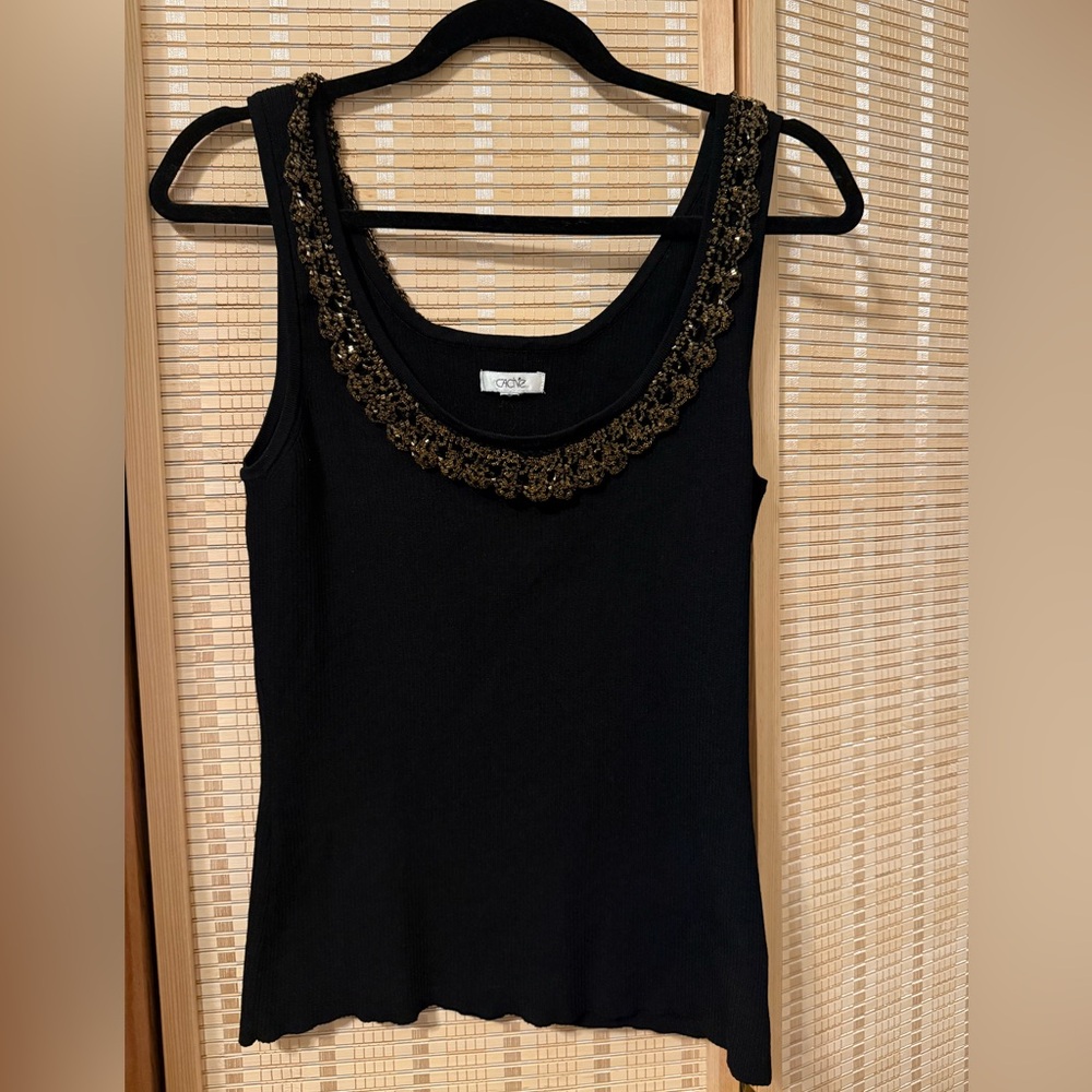 Cache Black Tank Top with Gold Beaded Neckline
